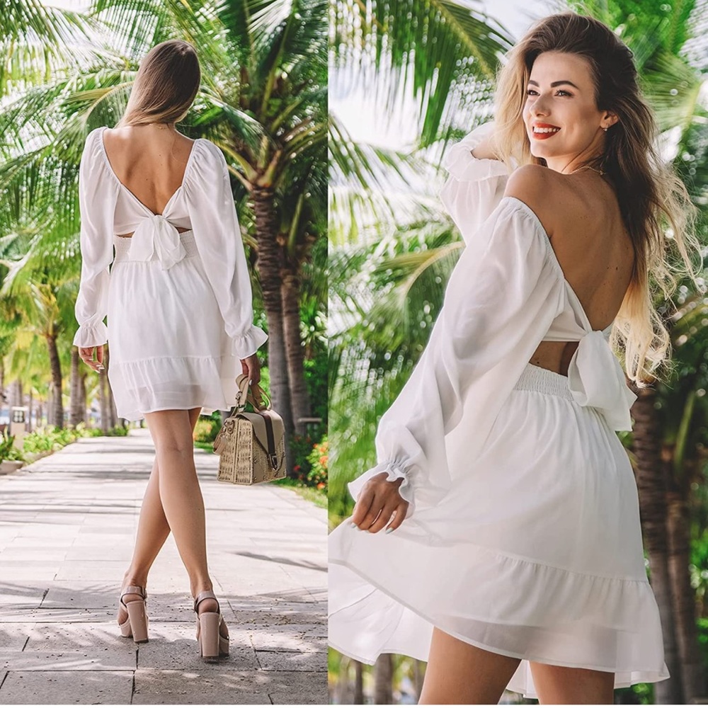 White Aline Square neck tie back long sleeve mini boho dress